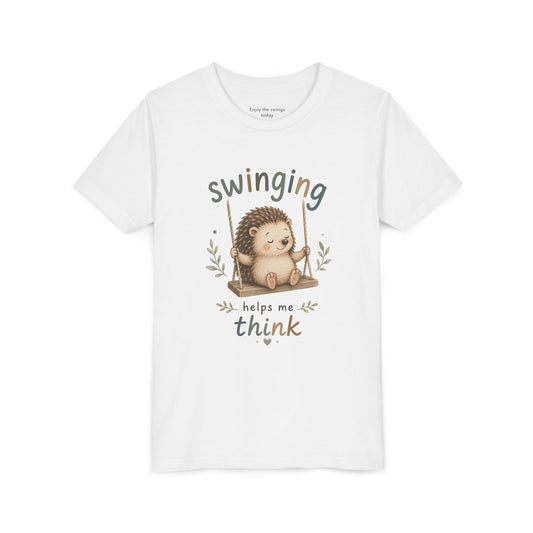 Hedgehog Swing Youth Tee – “Swinging Helps Me Think” Cute Kids Graphic T-Shirt