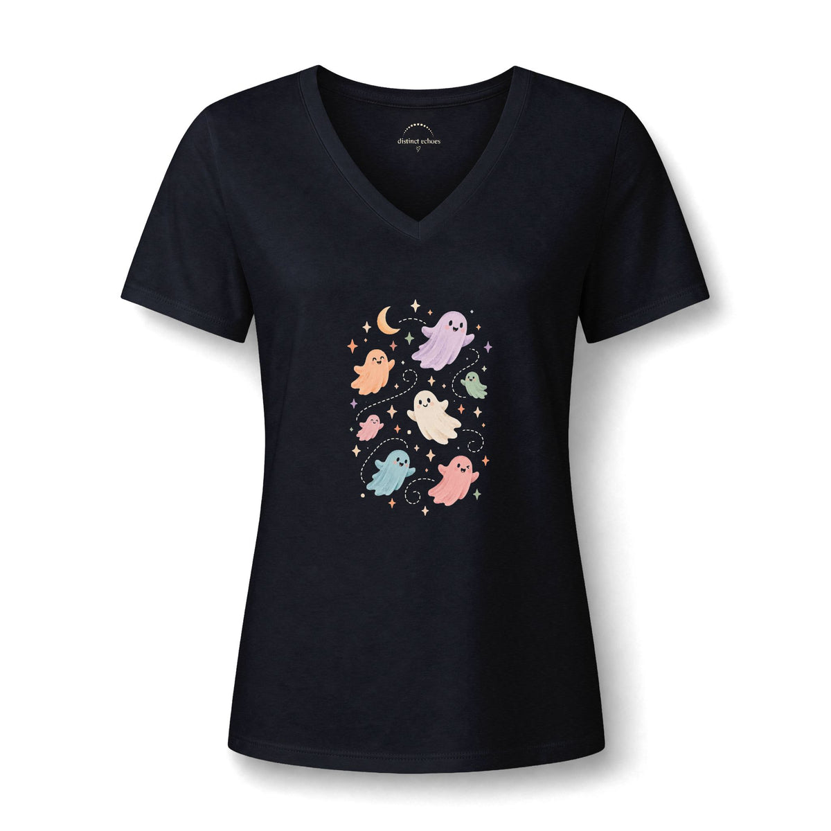 Women's V-Neck Tee — Cute Pastel Ghosts Halloween Graphic