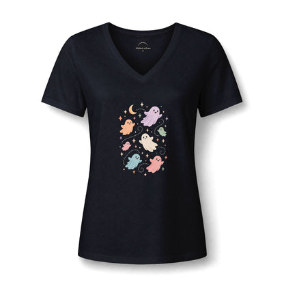 Women's V-Neck Tee — Cute Pastel Ghosts Halloween Graphic