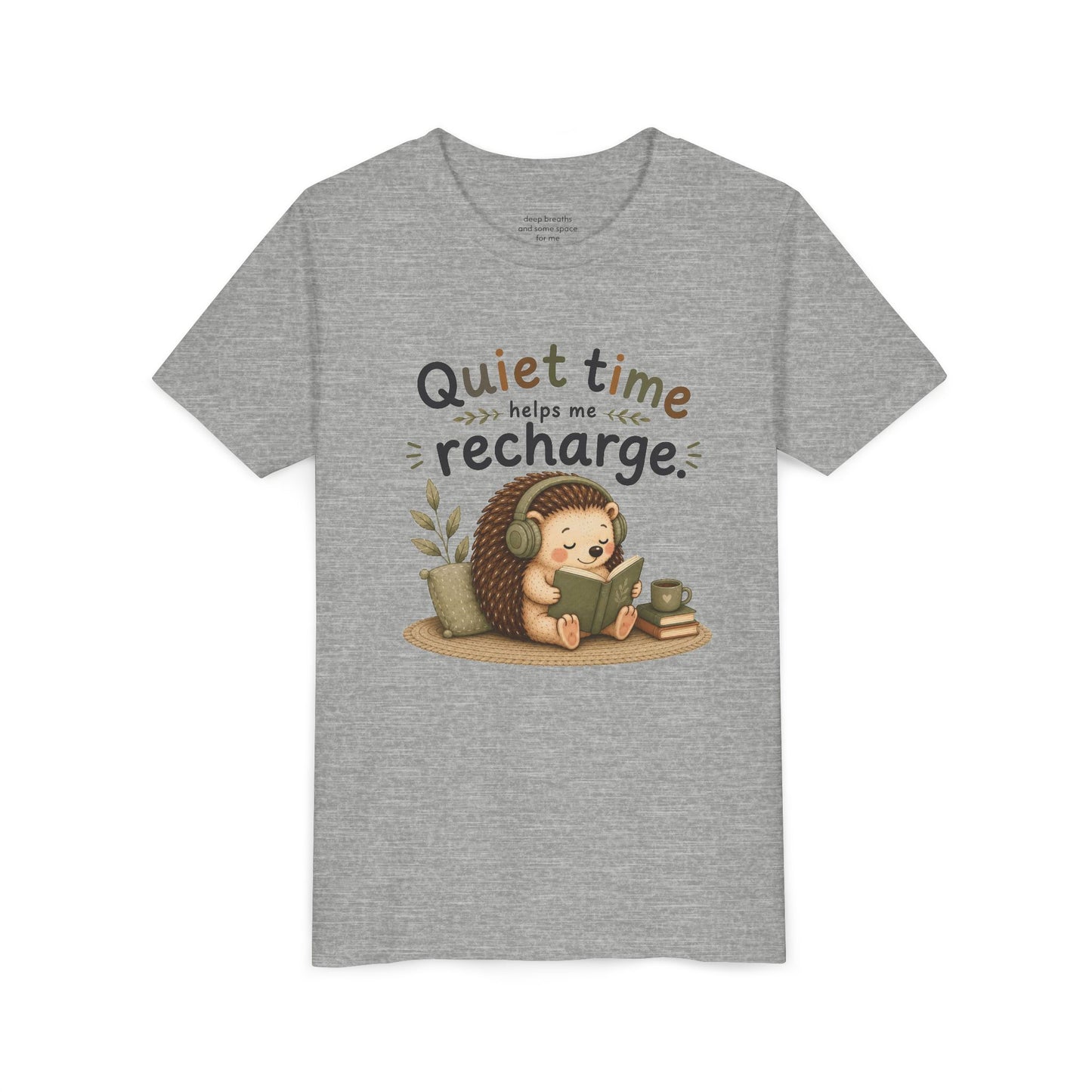 Youth Tee — "Quiet Time Helps Me Recharge" Cute Reading Hedgehog Kids Shirt