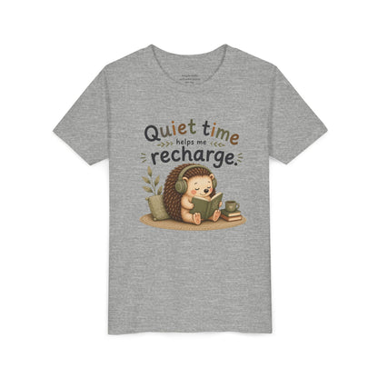 Youth Tee — "Quiet Time Helps Me Recharge" Cute Reading Hedgehog Kids Shirt