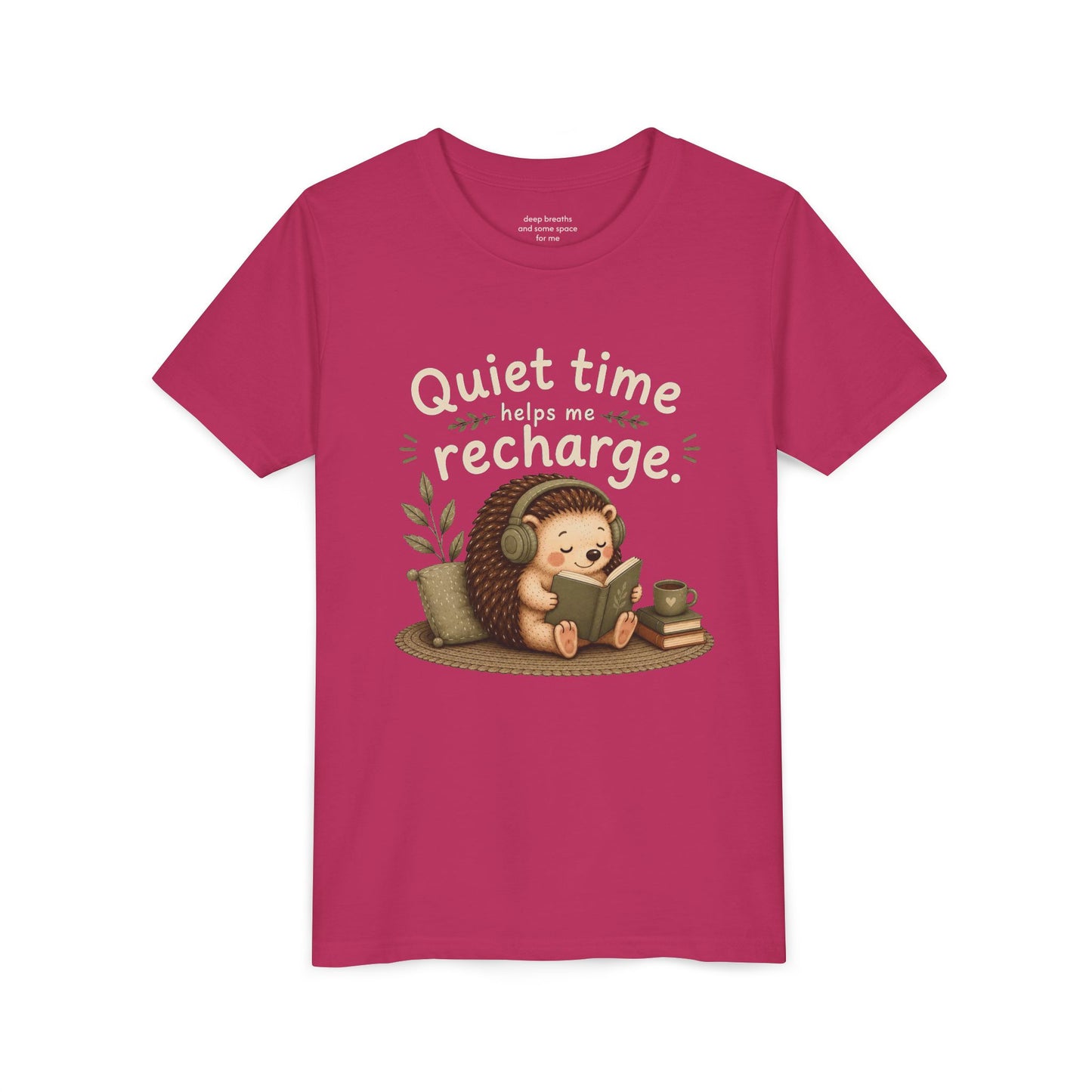 Youth Tee — "Quiet Time Helps Me Recharge" Cute Reading Hedgehog Kids Shirt