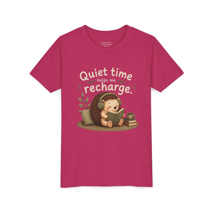 Youth Tee — "Quiet Time Helps Me Recharge" Cute Reading Hedgehog Kids Shirt
