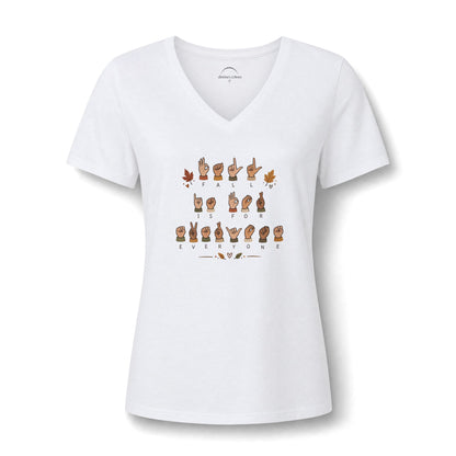 ASL Alphabet V-Neck Tee — Women's Sign Language Graphic T-Shirt  "Fall is for Everyone"