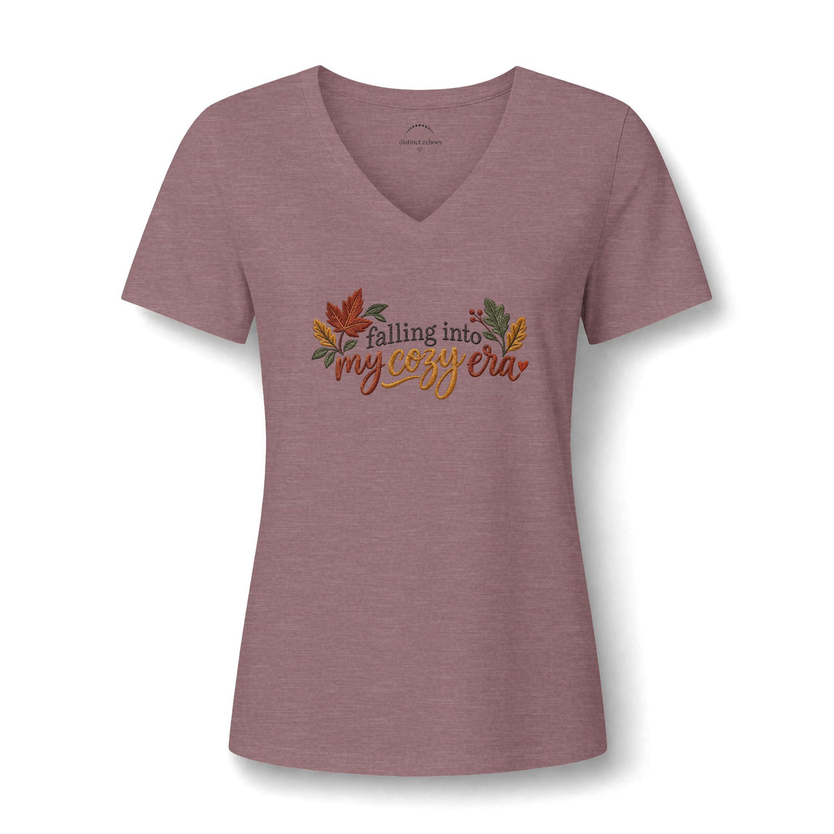 Women's Fall V-Neck Tee - "Falling into My Cozy Era" Faux Embroidery