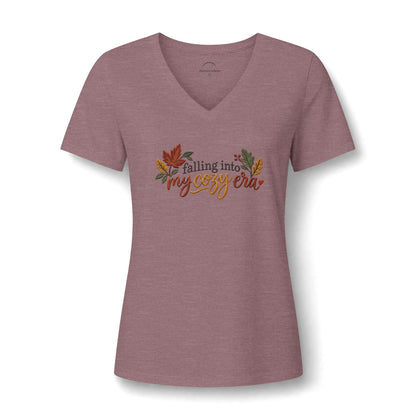 Women's Fall V-Neck Tee - "Falling into My Cozy Era" Faux Embroidery
