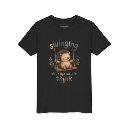 Hedgehog Swing Youth Tee – “Swinging Helps Me Think” Cute Kids Graphic T-Shirt