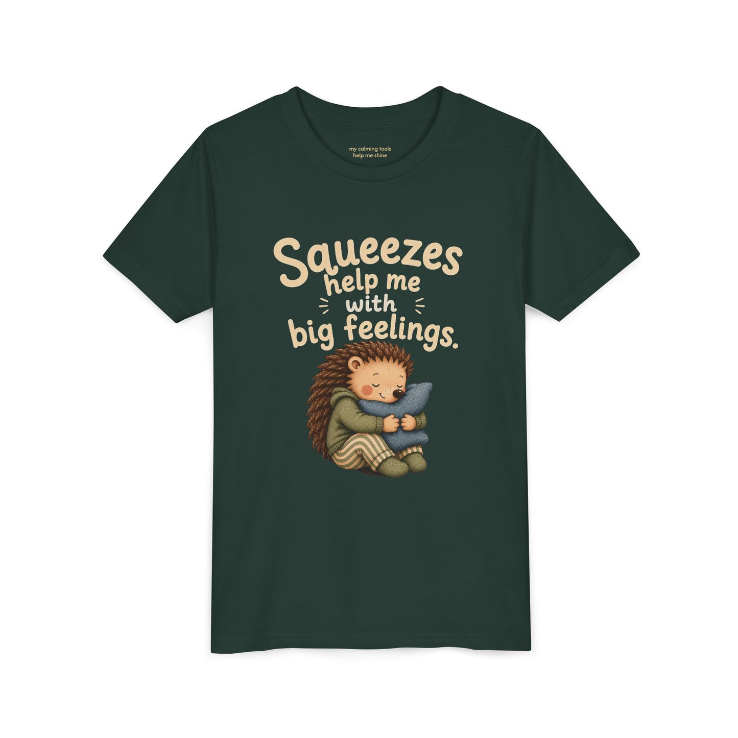 Youth Tee — "Squeezes help me with big feelings" Cute Hedgehog Emotional Support Shirt