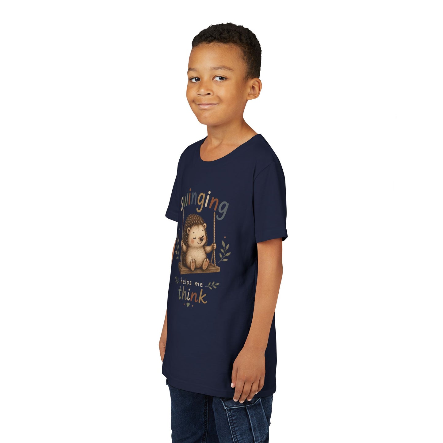 Hedgehog Swing Youth Tee – “Swinging Helps Me Think” Cute Kids Graphic T-Shirt