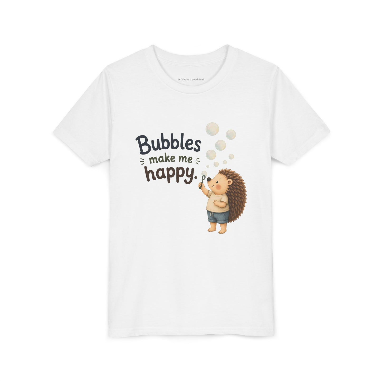 Youth Tee — "Bubbles Make Me Happy" Hedgehog Bubble-Blowing Kids Shirt
