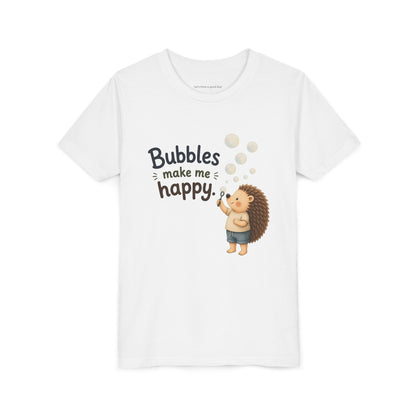 Youth Tee — "Bubbles Make Me Happy" Hedgehog Bubble-Blowing Kids Shirt