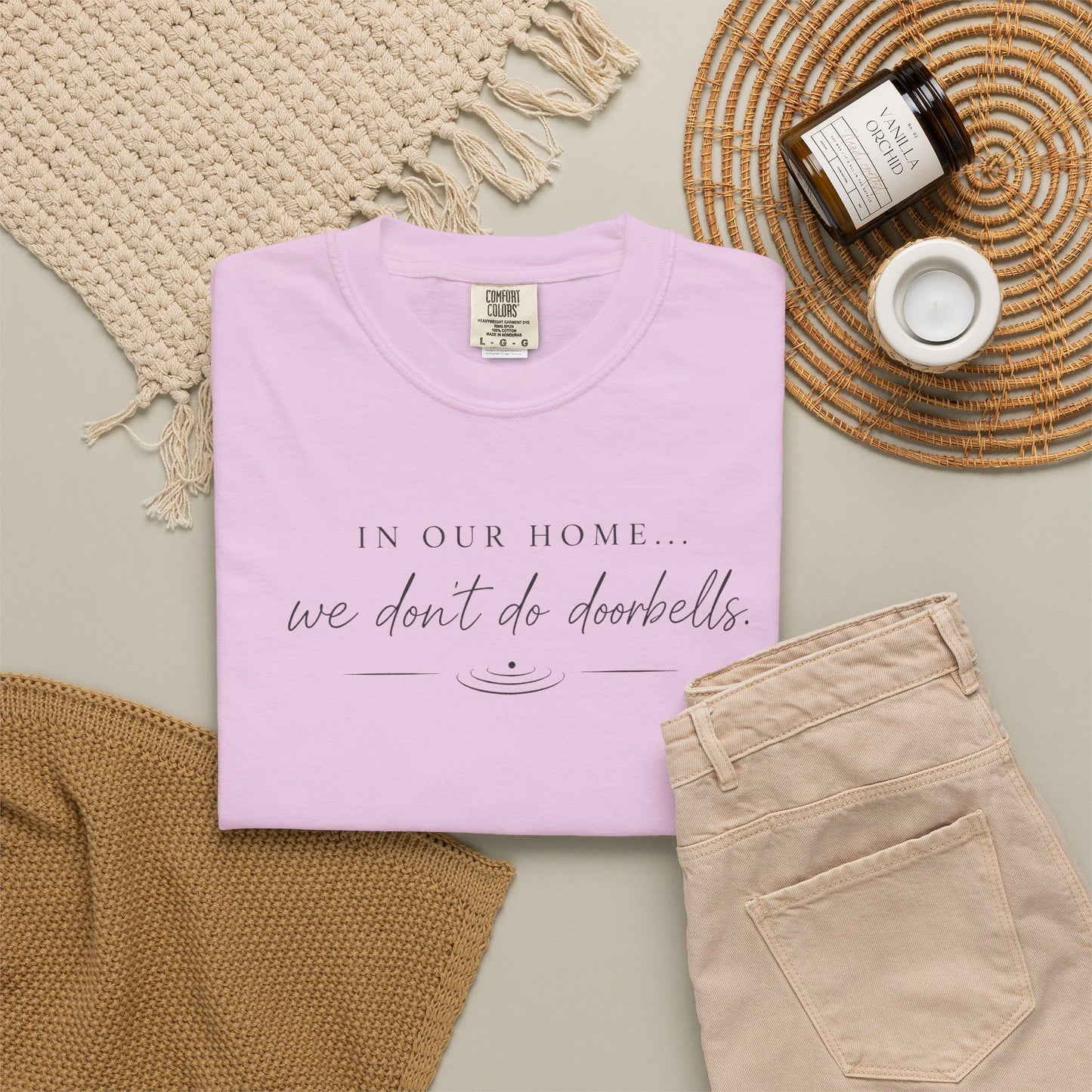 T-Shirt — "In Our Home We Don’t Do Doorbells" Minimalist Family Tee