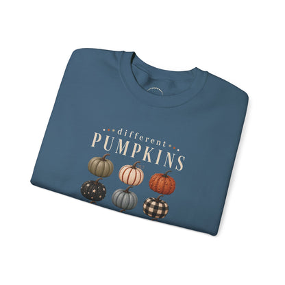 Crewneck Sweatshirt — 'Different Pumpkins, Same Patch' Fall Graphic Pullover