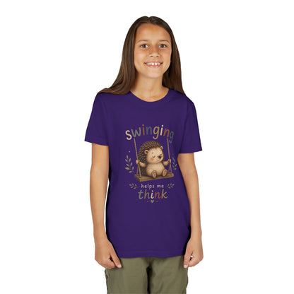 Hedgehog Swing Youth Tee – “Swinging Helps Me Think” Cute Kids Graphic T-Shirt